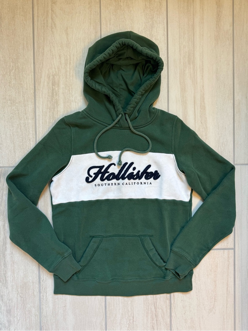 Hollister Green & White Pullover Hoodie with Navy Script